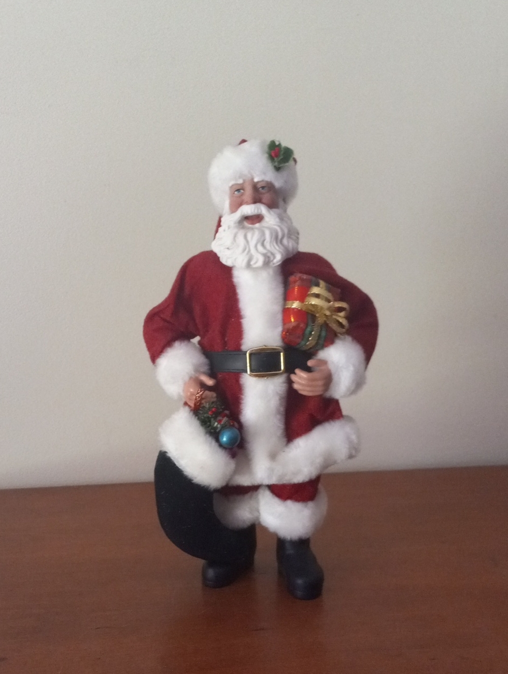 Holiday Time Fabric Mache Santa Figurine Holding Stocking & Gift Box 10"